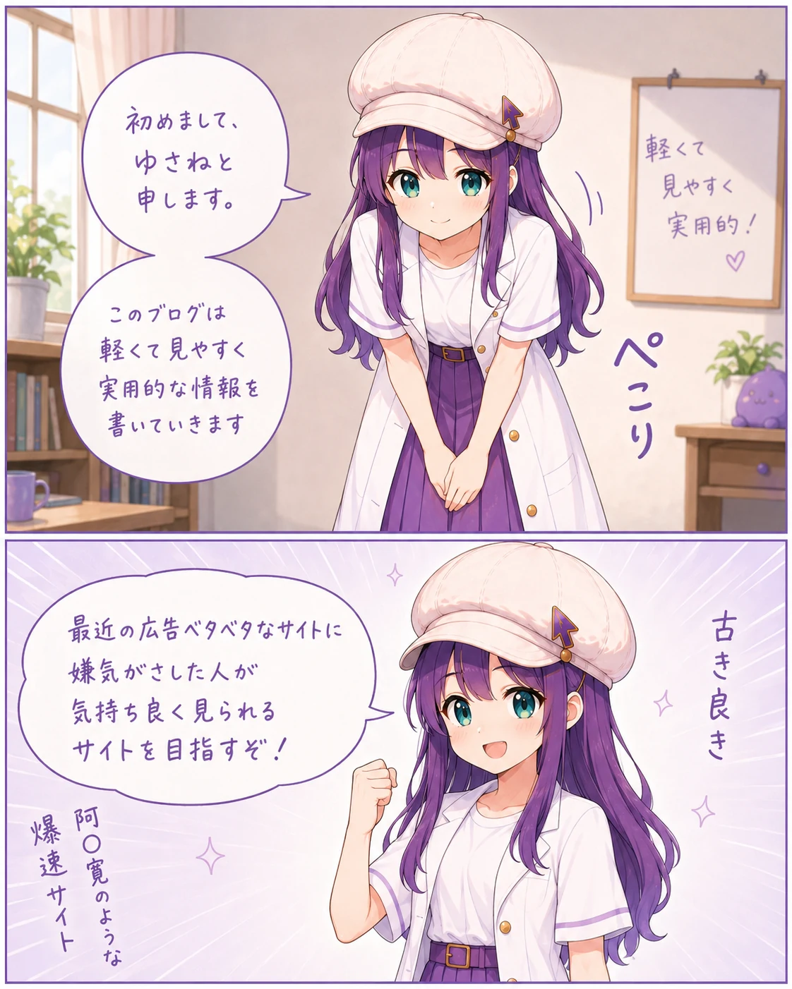 ゆさねがブログの方針を紹介する2コマ漫画